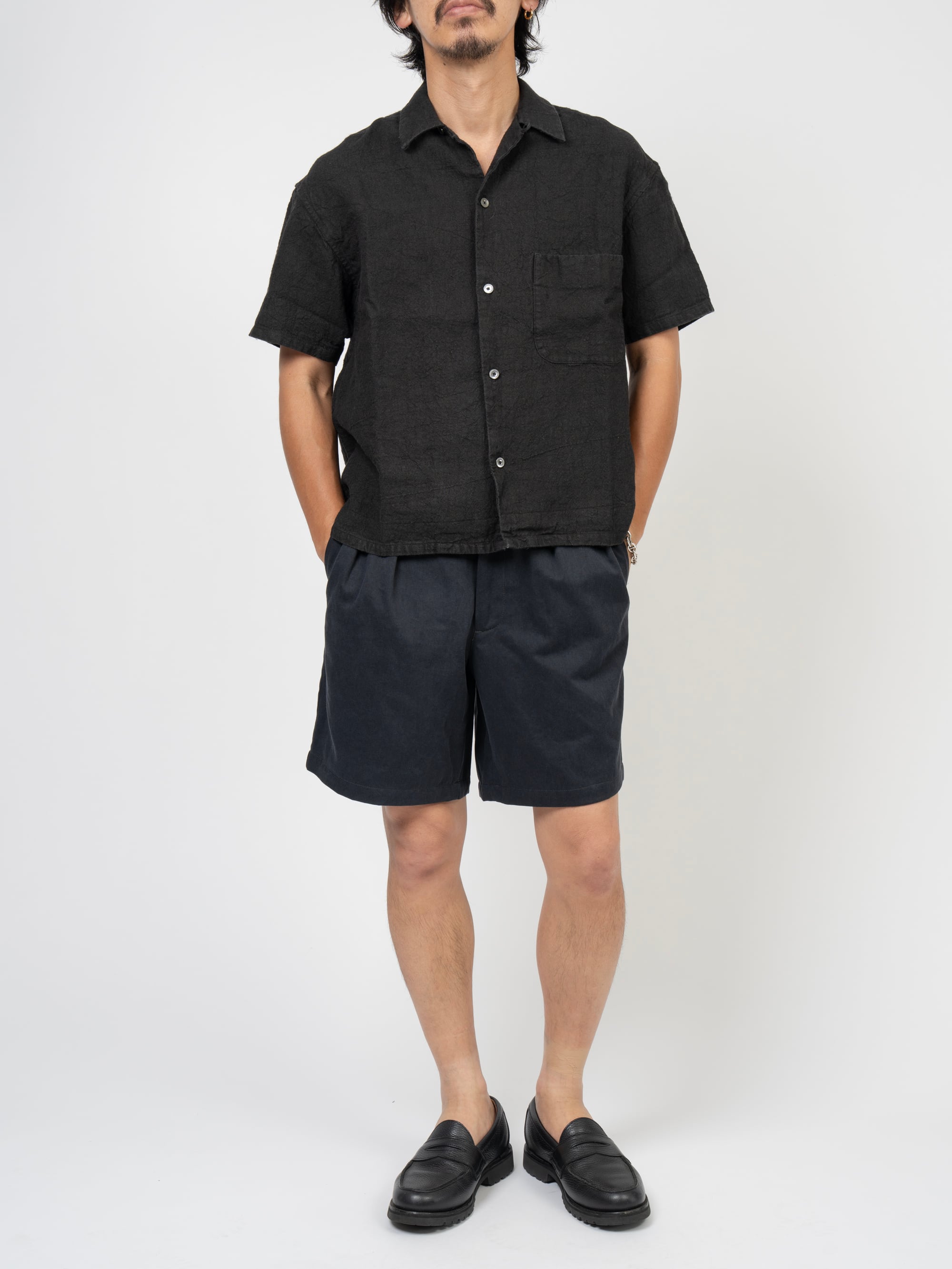 Hemp Short Sleeve Open Collar Shirt (black) | OVY