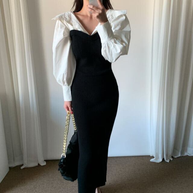 レディース ワンピース シャツドッキング ビスチェワンピ ボリューム袖 バルーンスリーブ ブラック ホワイト お呼ばれ マーメイドライン かっこいい