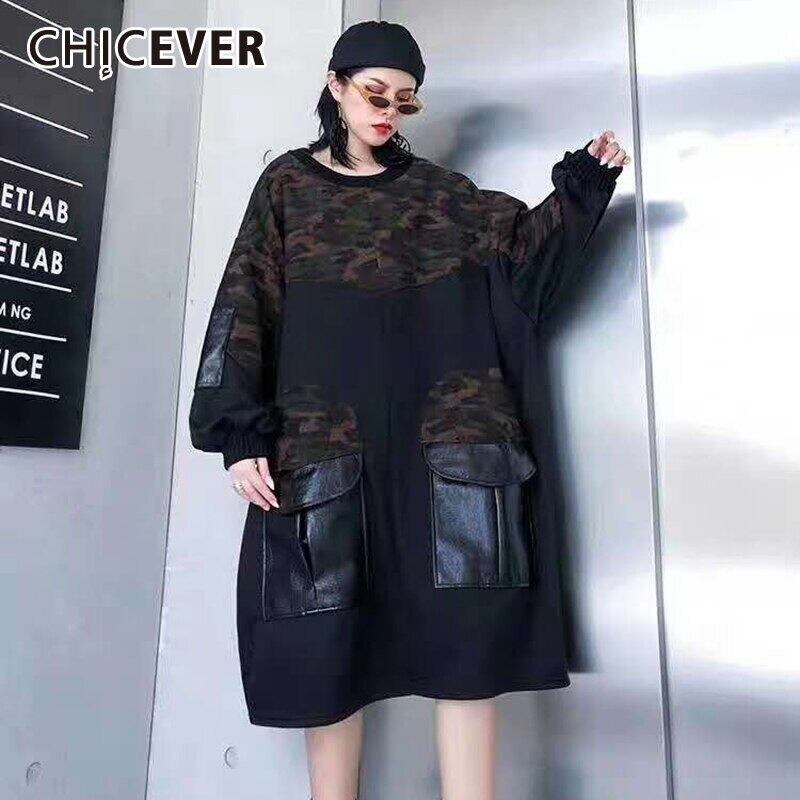 CHICEVERルーズパッチワークドレス女性Oネックロングランタンスリーブカモフラージュポケットドレス2020タイド 6base550275165959