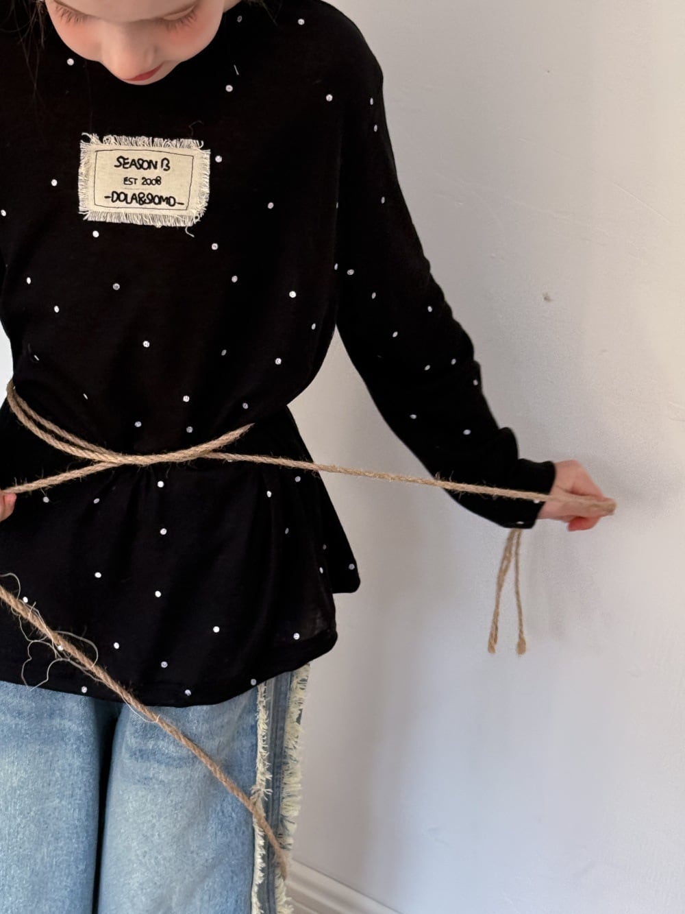 2colorフリンジタグドット薄手トップス