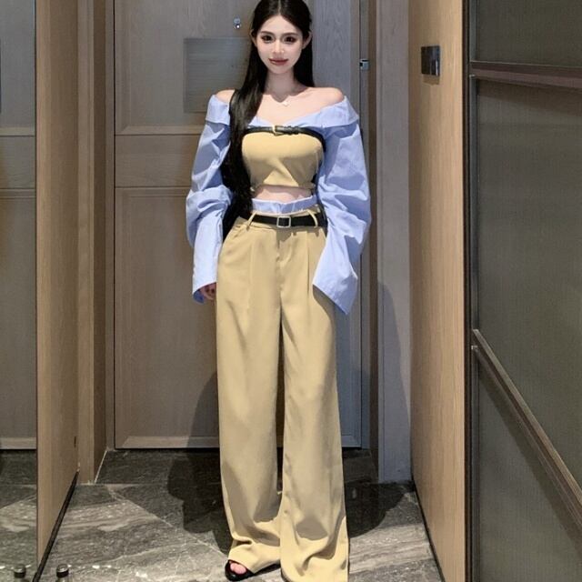 オフショルダー　セットアップ　ハンドメイド 予約販売】セットアップ レディース オフショルダー パンツ ベージュ