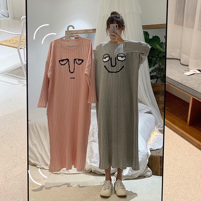 【送料無料】 ルームウェア レディース かわいい ワンピース パジャマ 春 秋 綿 長袖 カジュアル 寝巻き 部屋着 ホームウェア 大きいサイズ xl 2xl グレー ピンク ネイビー シンプル かわいい ラフ ゆったり 楽ちん キュート 個性的 ユニーク お揃い コーデ 可愛い 女子会 お泊まり 面白い 10代 20代 30代 韓国 ファッション ナイトウェア オフ db1258