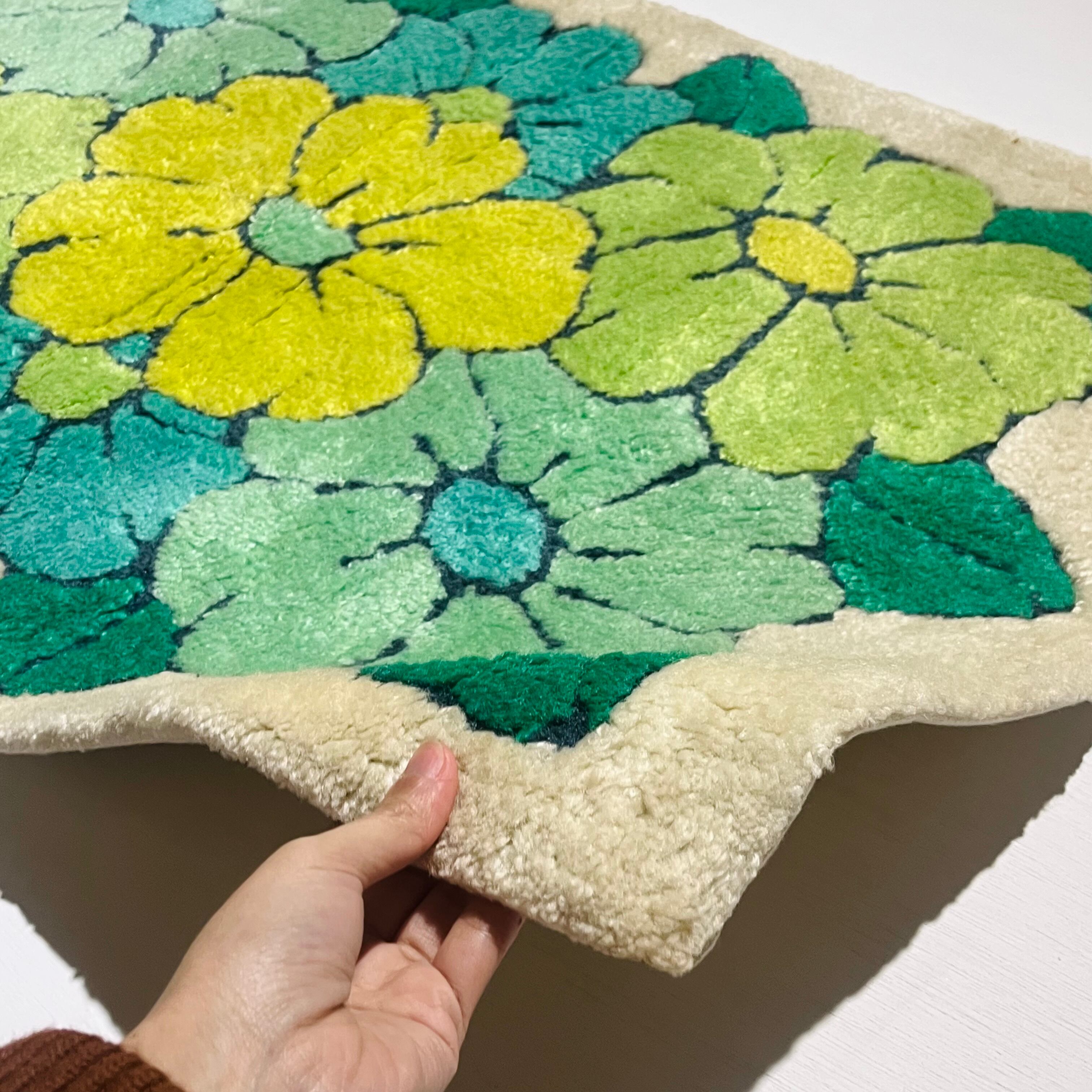 花柄緑色ラグ 手織り花柄グリーンラグ、5x8 波型エリアラグ、デイジー