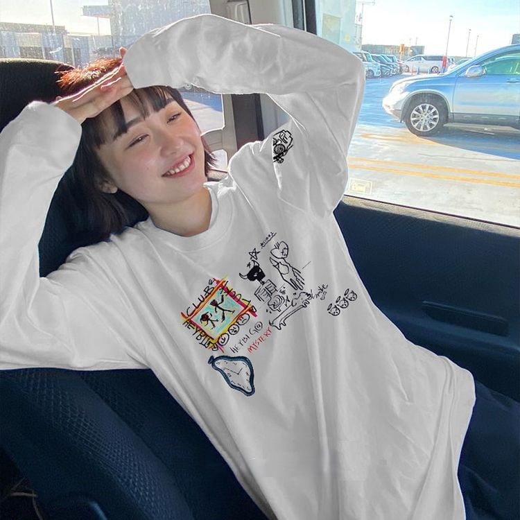 ★MEDM★ロゴ ユニセックス カジュアル 花柄 長袖Tシャツ/送料込 ユニセックス Tシャツ 長袖 ロンT 落書き風 プリント オーバー