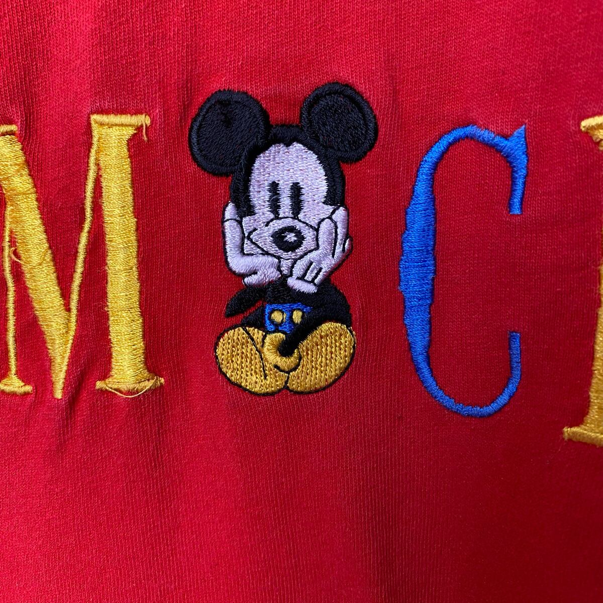 90s ミッキーマウス 刺繍 Tシャツ 古着 ディズニー 赤 レッド ミッキー ...