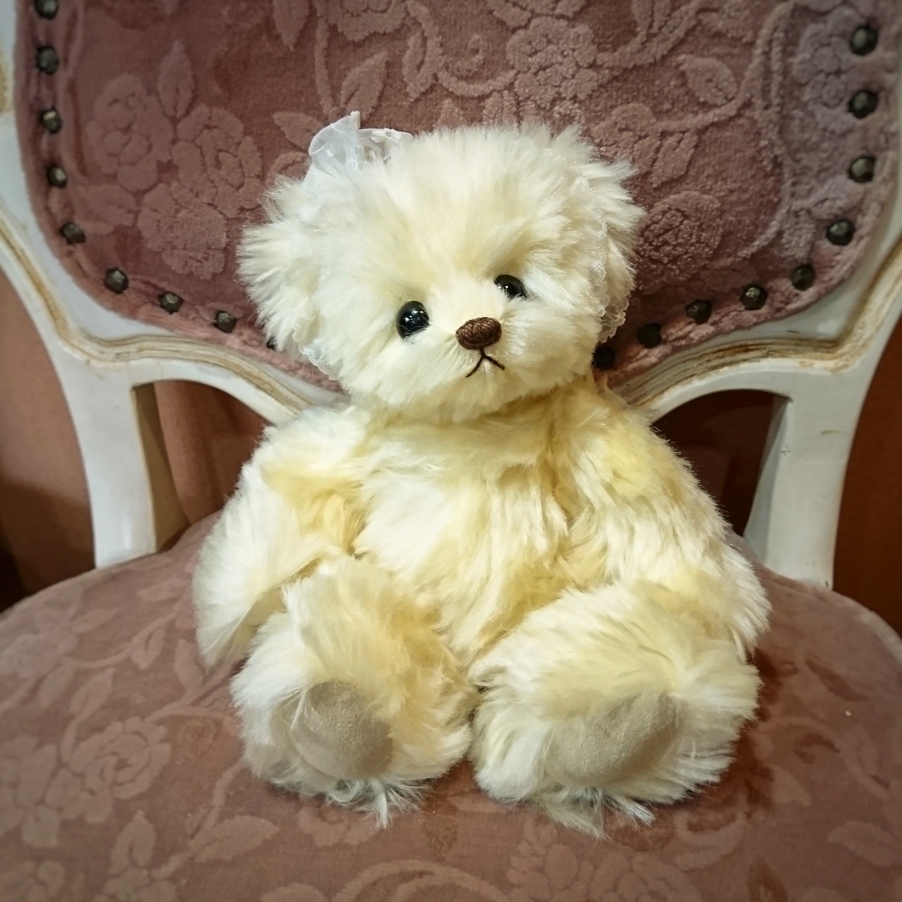 白いドレスを着たクリーム色のテディベア 小熊/作家ハンドメイド 