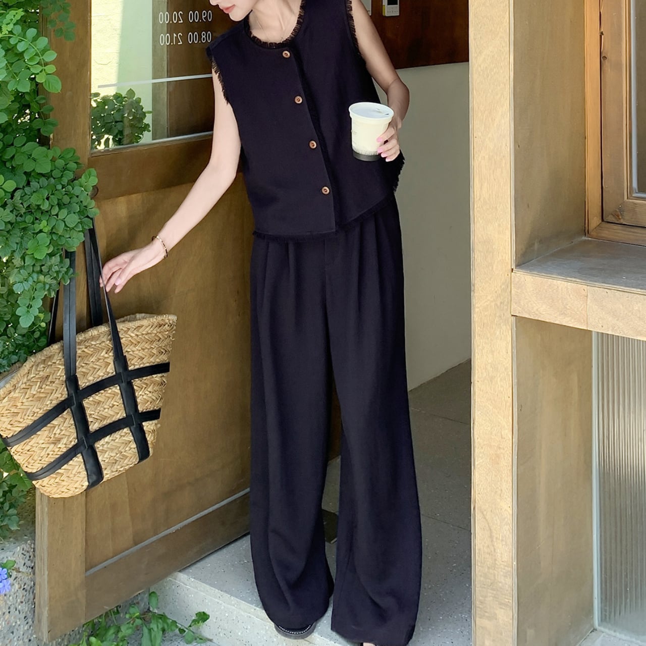 Black vest & wide leg pants set S1353