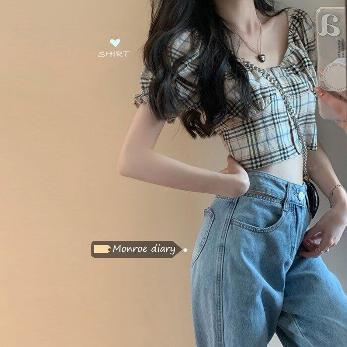 ショート格子柄シャツ トップス サマー 大人ガーリー スウィート キュート カジュアル 夏物 モンロー54946915436