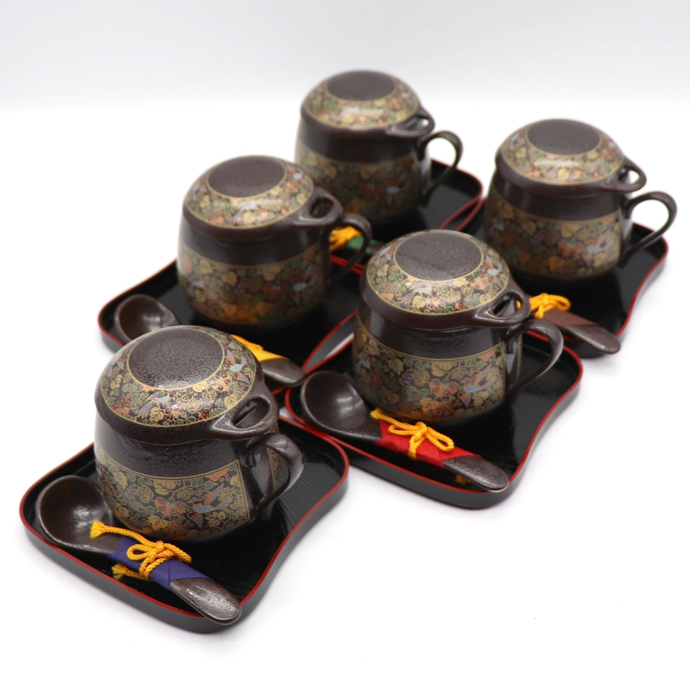 陶彩・天目花鳥・ジンジャーマグ5客揃・マグカップ・茶托・No.210713