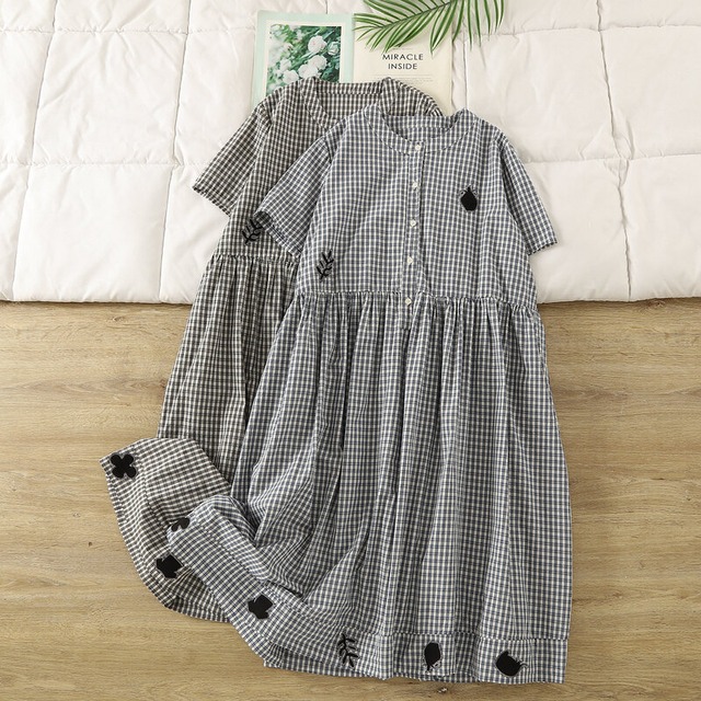 リーフ刺繍ギャザーチェックワンピース 2col 1276