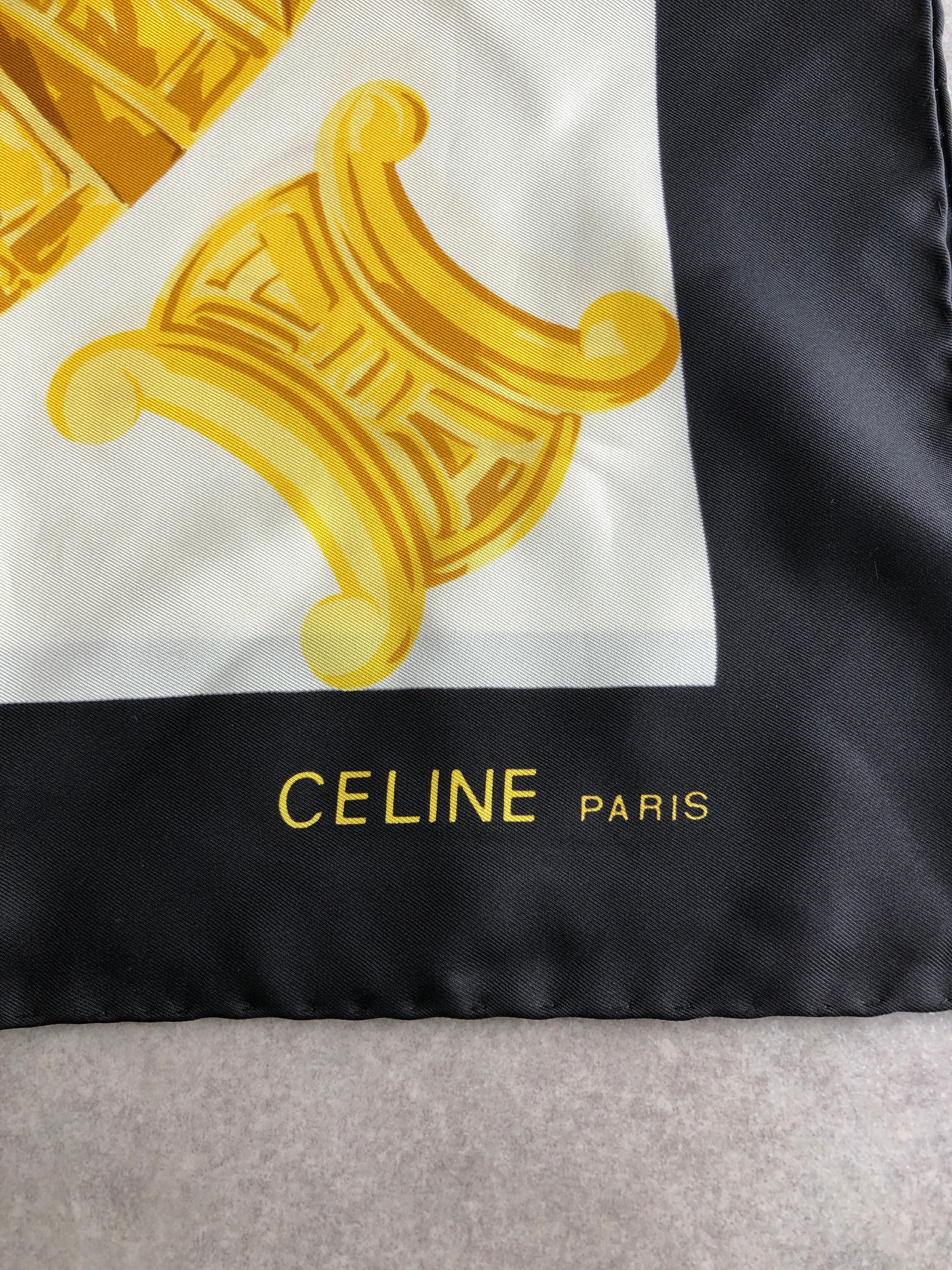 スカーフ セリーヌ　大判　カラー　ゴールド・ブラック CELINE セリーヌ スカーフ ブラック×ゴールド トリオンフ シルク