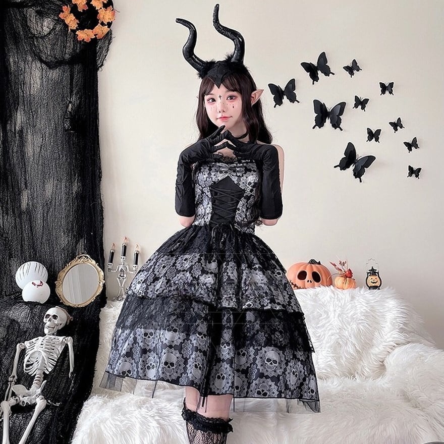 サブカル 服 地雷系 通販 ワンピ JSK スカル柄 ビッグホーン 悪魔 コスプレ衣装 闇かわいい イベント衣装 コンカフェ衣装