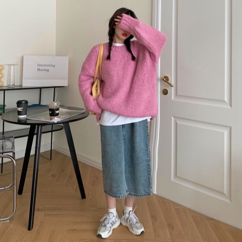 セット ルーズラウンドネックプルオーバー セーター スタンダードハイウェストウェスト薄手スカート レトロ Oネック YY-ファッション53215276576