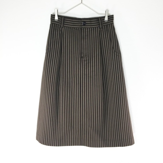 MHL.エムエイチエル TICKING STRIPE COTTON WOOL ストライプフレアロングスカート ブラウン【19AW】