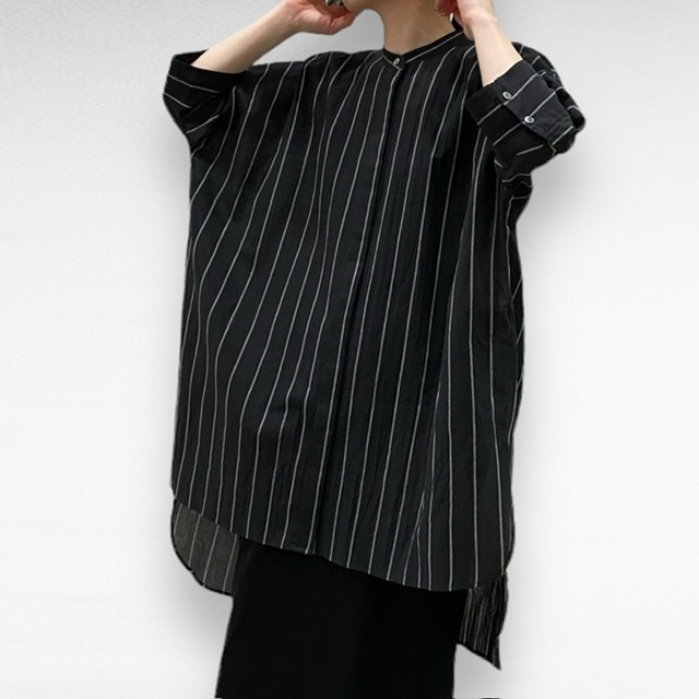 cafune striped band collar wide blouse