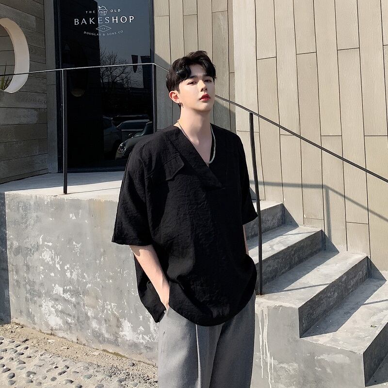 メンズ モード系 トップス 半袖 シャツ Vネック カジュアル 黒 白 原宿系 オルチャン 10代 代 サブカル系専門店 Ladies Fashion Seasonz