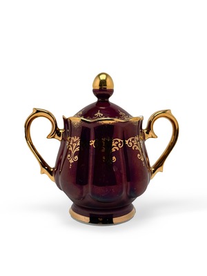 ヴィンテージ雑貨 クリムゾンレッド × 金彩装飾 シュガーポット（両手付き・蓋付き）