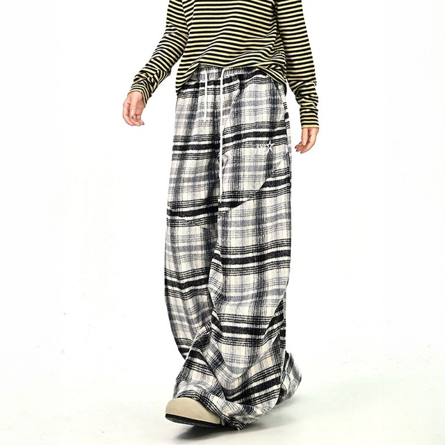 チェックドローストリングワイドパンツ 2col   R01199