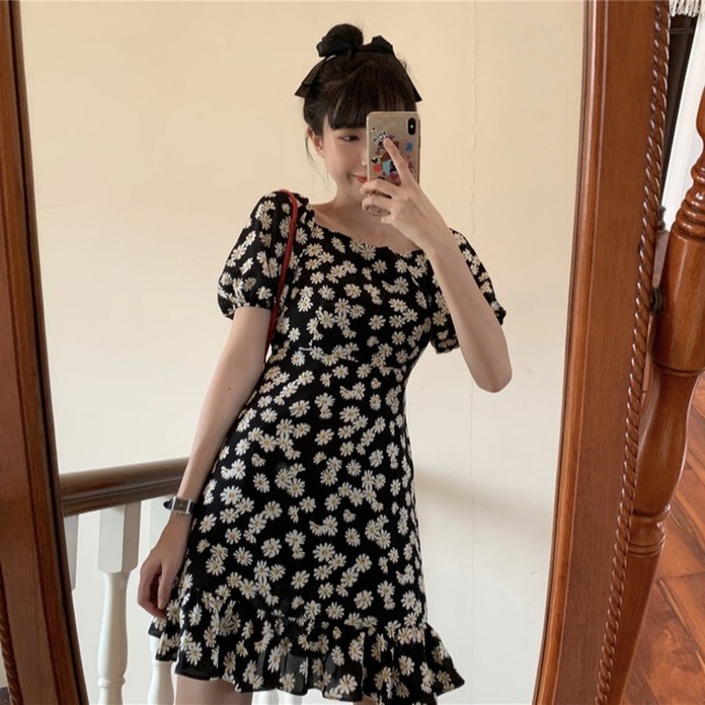 フローラルドレス スプリングサマーシフォンウェスト薄手スカート 春物 夏物 花柄 YY-ファッション32359426107