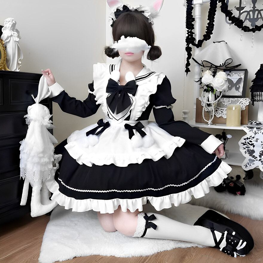 セーラーメイド服 うさ耳 ワンピ エプロン 継袖 制服ワンピ コンカフェ