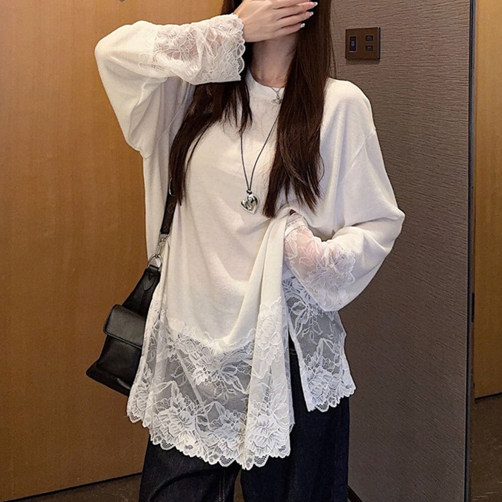 送料無料】 裾レース ロング Tシャツ 長袖 レディース 春夏 韓国