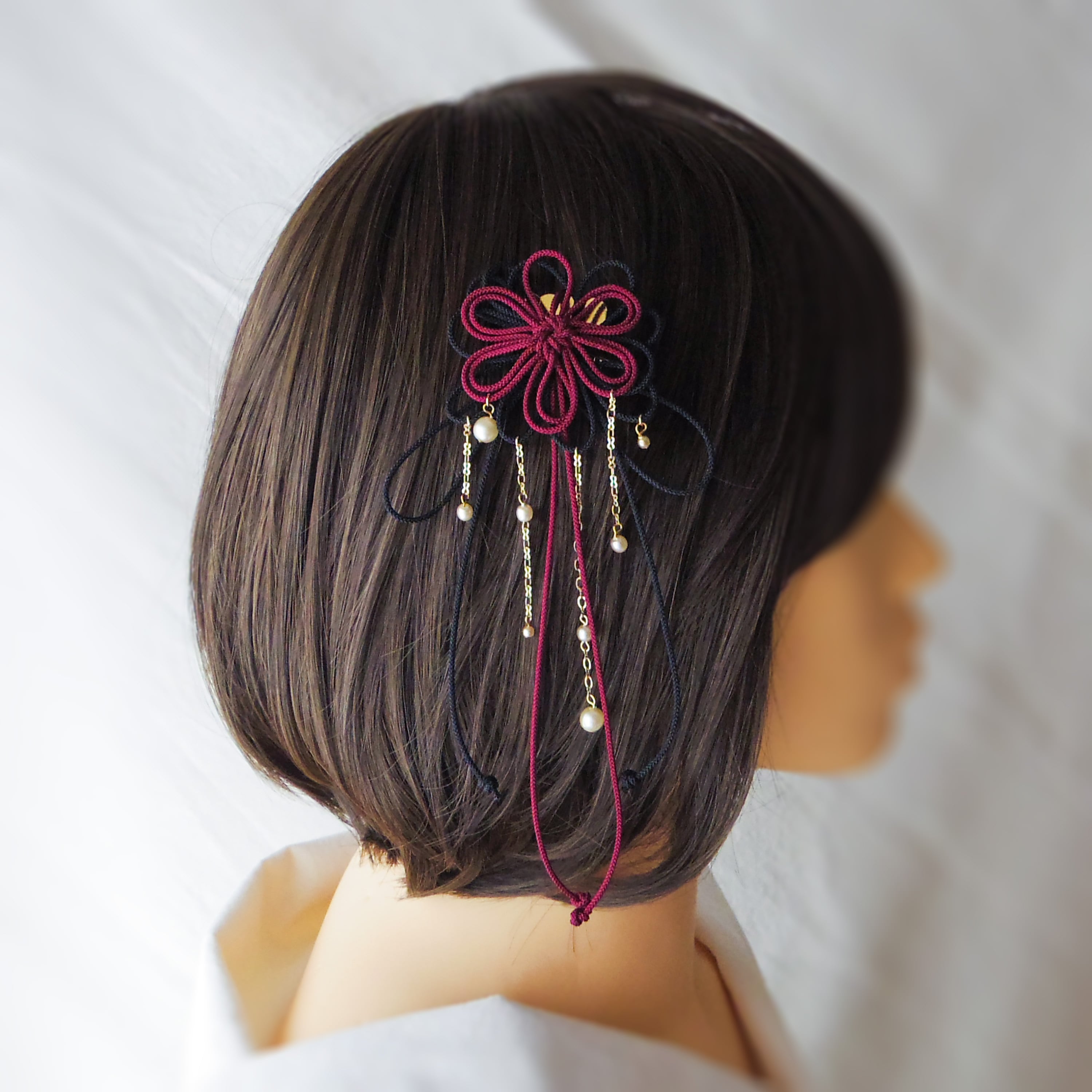 飾り結びヘアコーム(小)「爛、其レハ」(臙脂×黒)【軽量で簡単和装ヘア】浴衣・着物・七五三や成人式に。