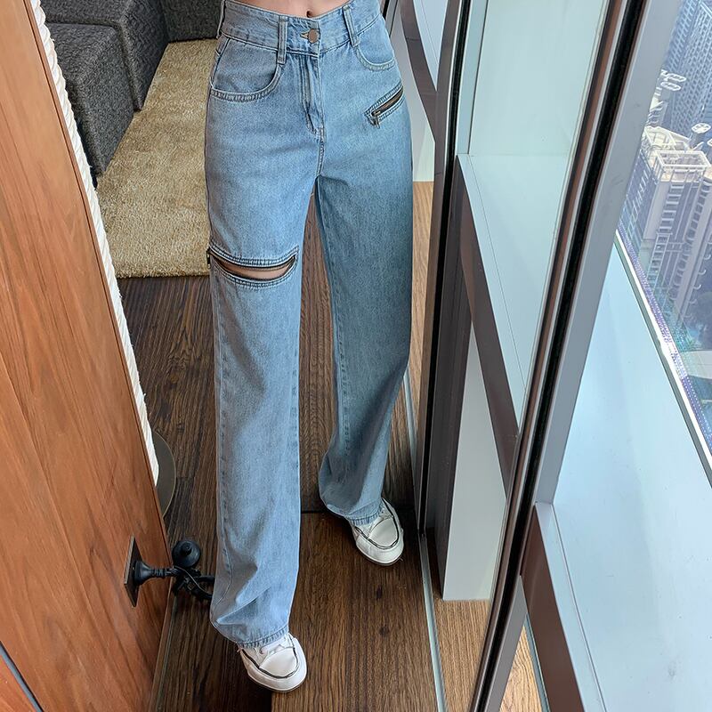 スタイルリッピングジーンズレディースサマーモップパンツ2020新しいレトロハイウエストワイドレッグシンルーズパンツ ブラックストロベリース69059708304