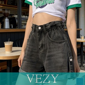 ロールアップ デニムショートパンツ 美脚 デニムパンツ ハイウエスト 短パン ワイドシルエット 体型カバー 半ズボン 大人カジュアル 脚長ジーンズ春夏 ボトムス VEZY ベジー ItemNo.【23956125】