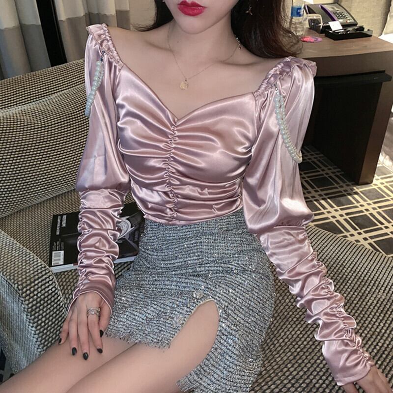 Vネックプリーツシャツ オータムウィンターパールチェーン トップス ショート ロング 秋物 冬物 真珠 ガールズファッション92580212149