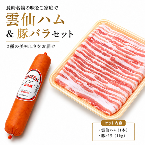 【定期便】雲仙ハム1本＋山のウエノ豚 豚バラ肉1gセット 画像