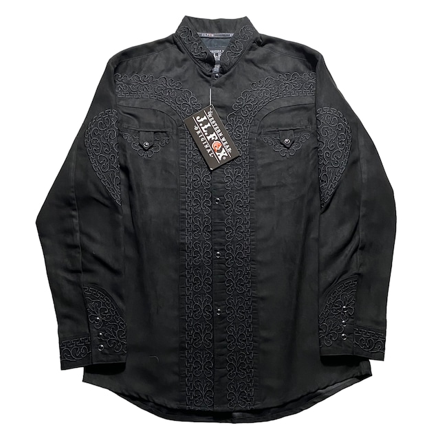 black fake suede band collar embroidery shirt