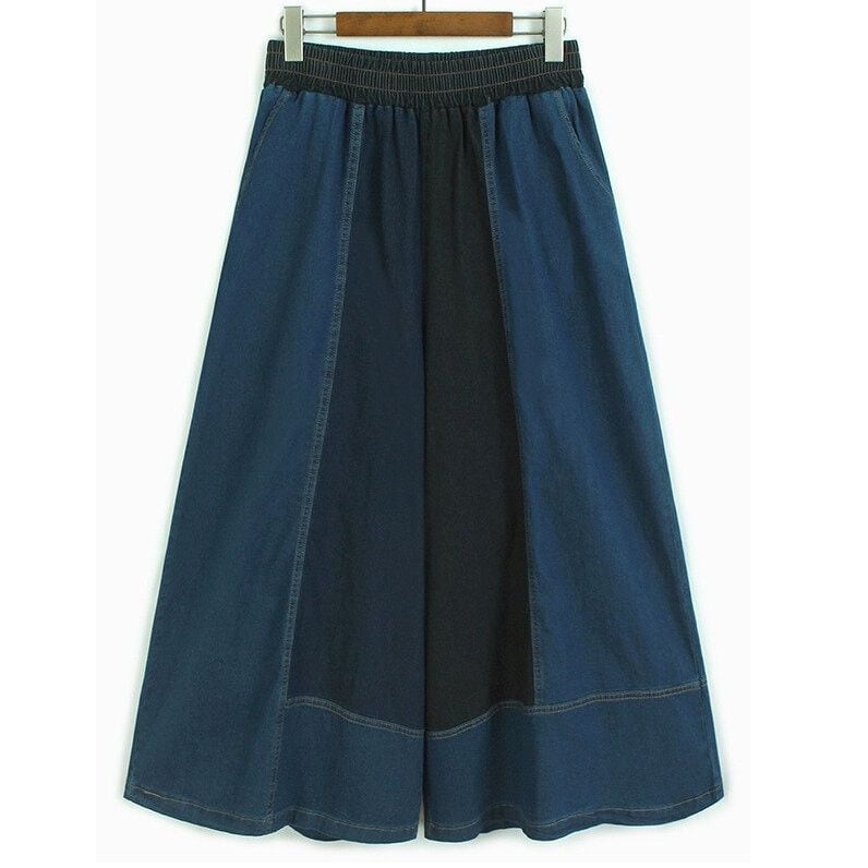 DENIM CONTRAST STITCH A-LINE WIDE LEG DESIGN PANTS 2colors M-14034