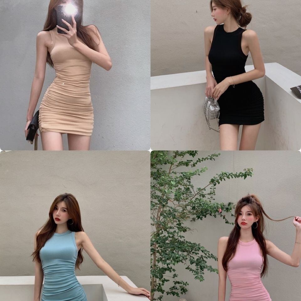 【新作】【送料無料】 2023 新しい夏のハイストリート湯たんぽラウンドネックノースリーブベストプリーツ純粋な欲望ヒップハグ小柄なデザインのドレス 0190367957795