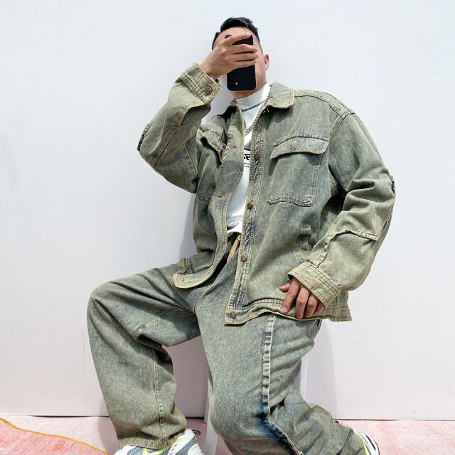 【予約販売】メンズ セットアップ メンズ Gジャン デニム ウエストゴム カジュアル 男前 こなれ感 韓国 ジャケット パンツ セット セットアップ トレンド M/L/XL/2XL