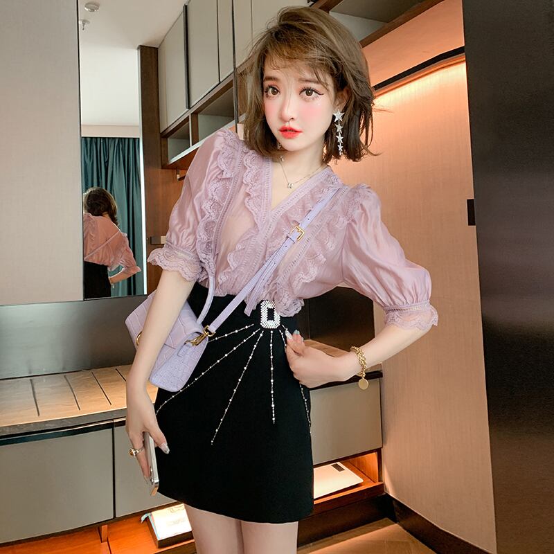 レーススタイルVネックスリーブシャツ サマー 夏物 MIUCO17164525943