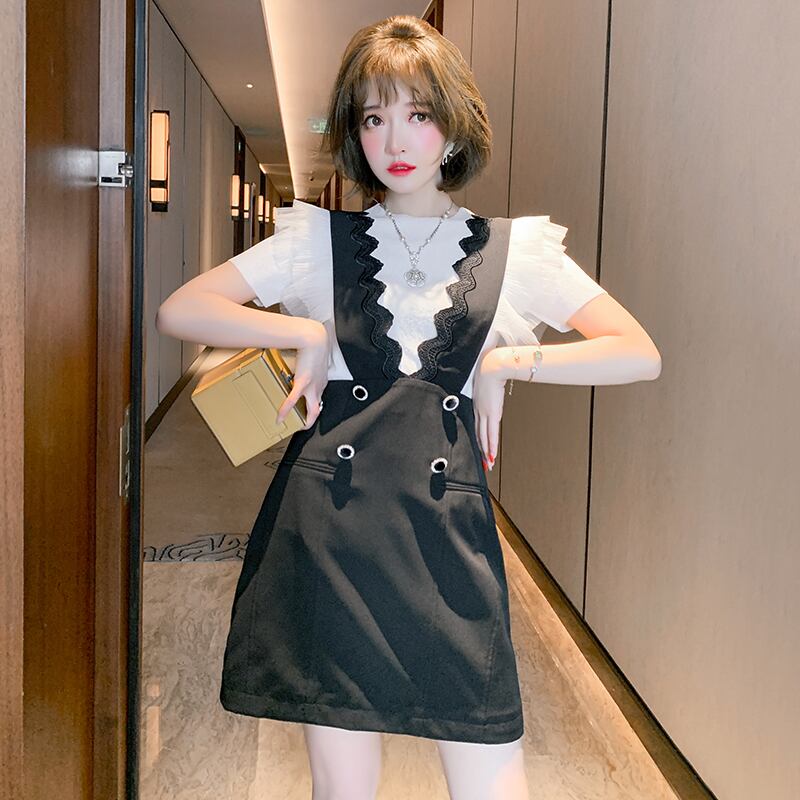 メッシュラウンドネックトップス レーススカート スプリングサマー レッド 刺繍 春物 夏物 Oネック MIUCO51915482164