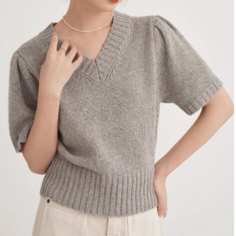 Vネックパフスリーブニットトップス 00645