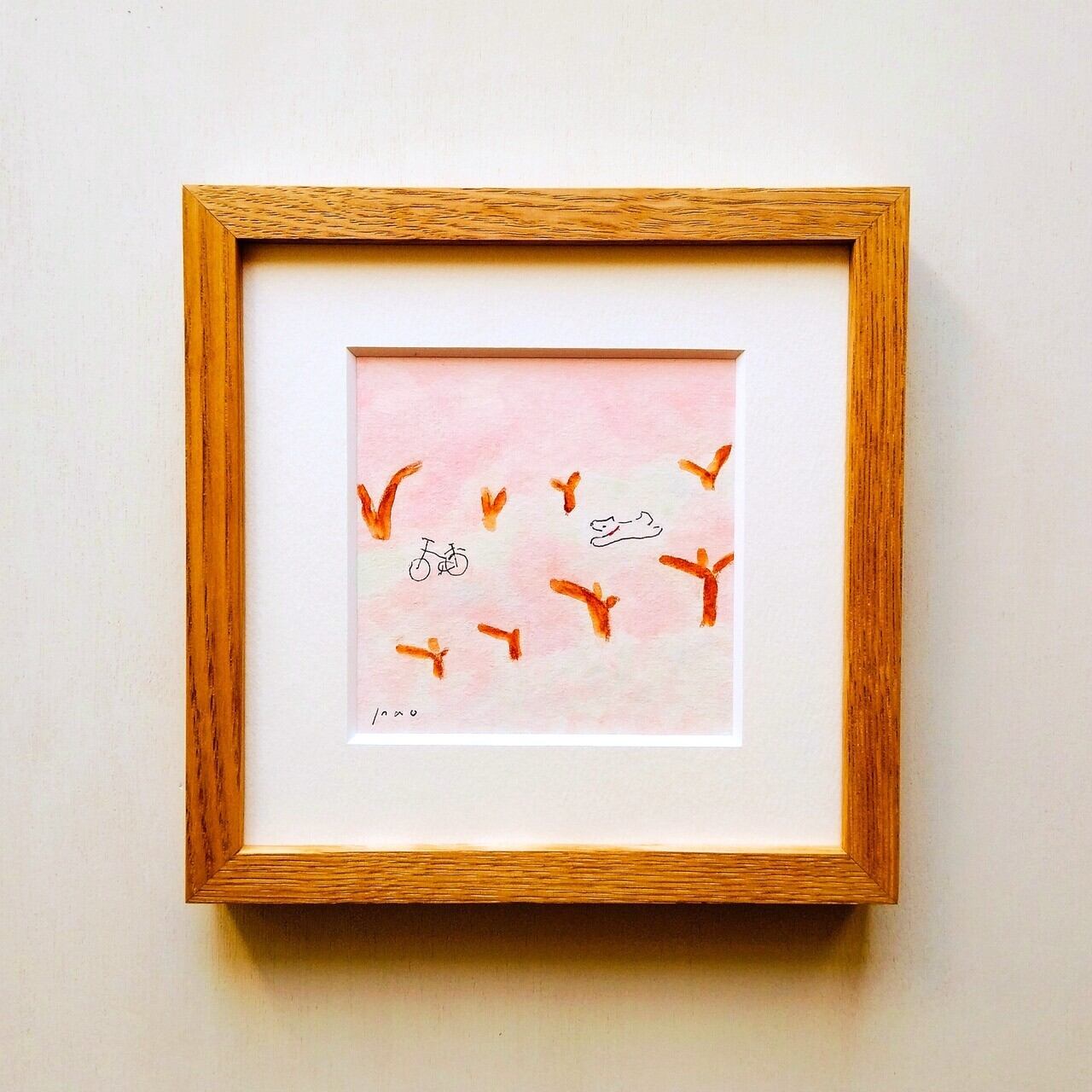 イラスト 原画「雨の日」※18角額縁入り(18×18㎝フレーム） | 絵と額縁