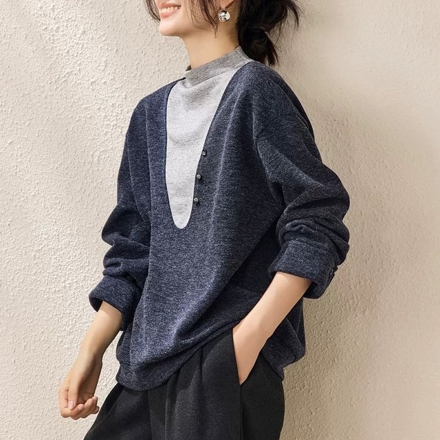 ボタンフロント ドッキング風 カットソー　YH9956