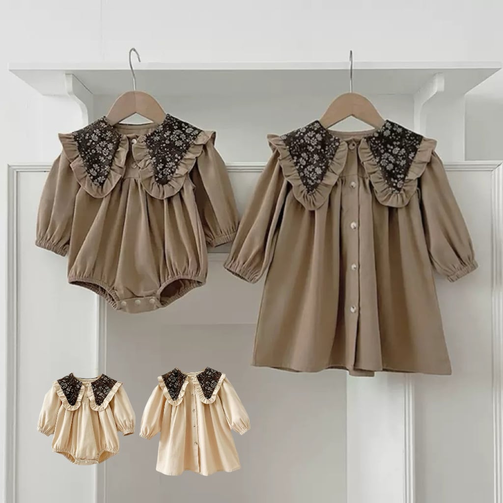 ,ベビーキッズ女の子小花柄襟長袖ロンパース ワンピース 100%綿 リンクコーデ 姉妹お揃い春秋冬服 韓国子供服 ブラウン ベージュ lwa0017