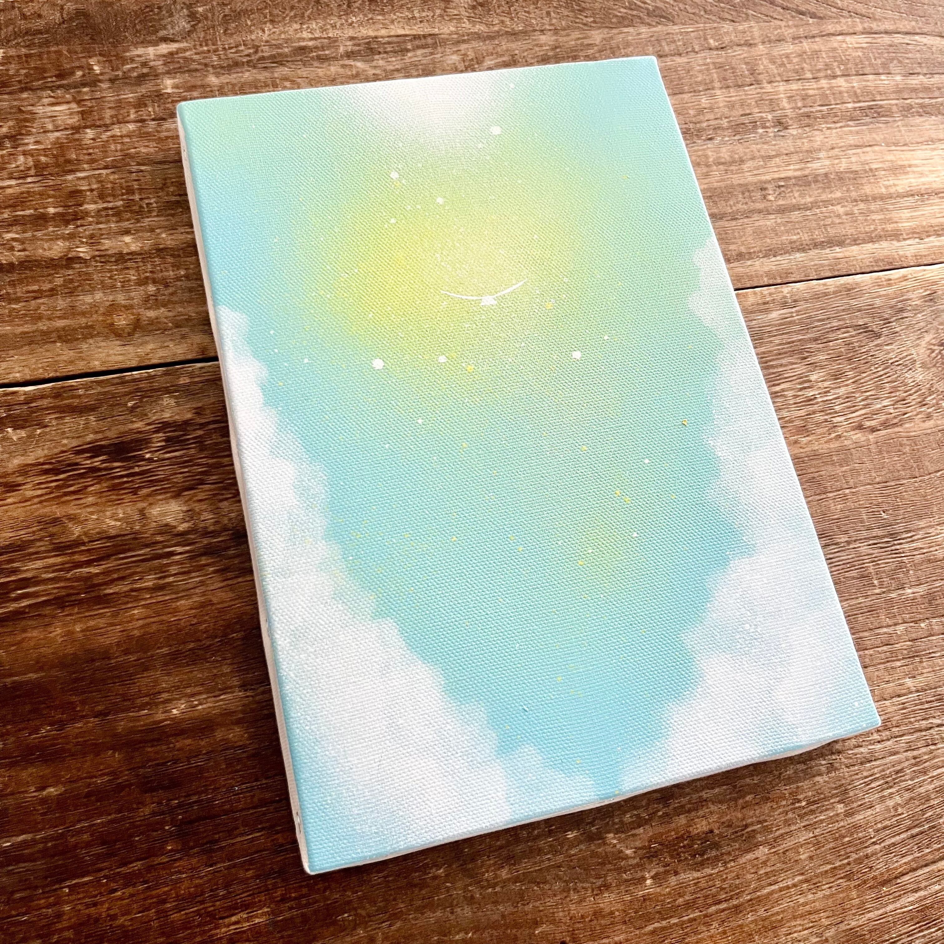 空の彼方」 原画 輝く光×飛んでいく鳥 水色 黄 白 絵画 キャンバス
