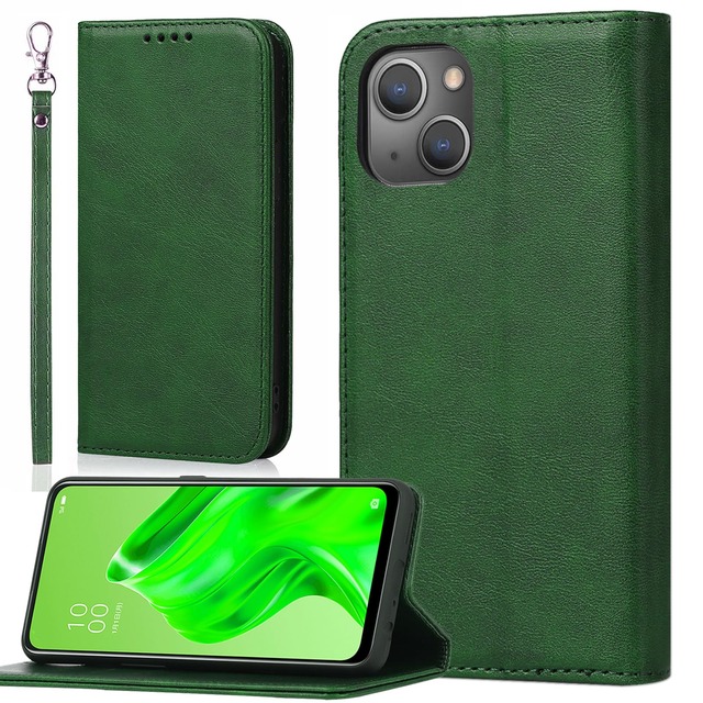 BonwFzin iPhone 14 適用 ケース 手帳型 ストラップ PU レザー マグネット カード収納 アイフォン14 スマホケース 手帳 case ストラップホール付き スタンド 落ち着いた色 レトロ グリーン