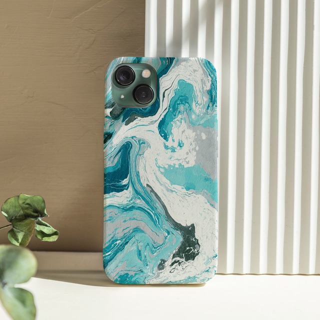 受注生産 iPhoneケース 水色と白の水流マーブル｜紙マーブリング MARB046C