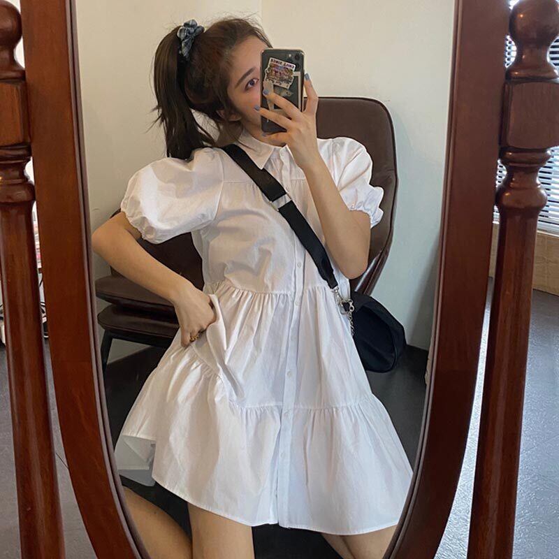 カラースタンダードスリーブスカート ルーズ半袖ホワイトシャツ ドレス サマー ショート レトロ ハーフスリーブ 夏物 萌量不足38975643194