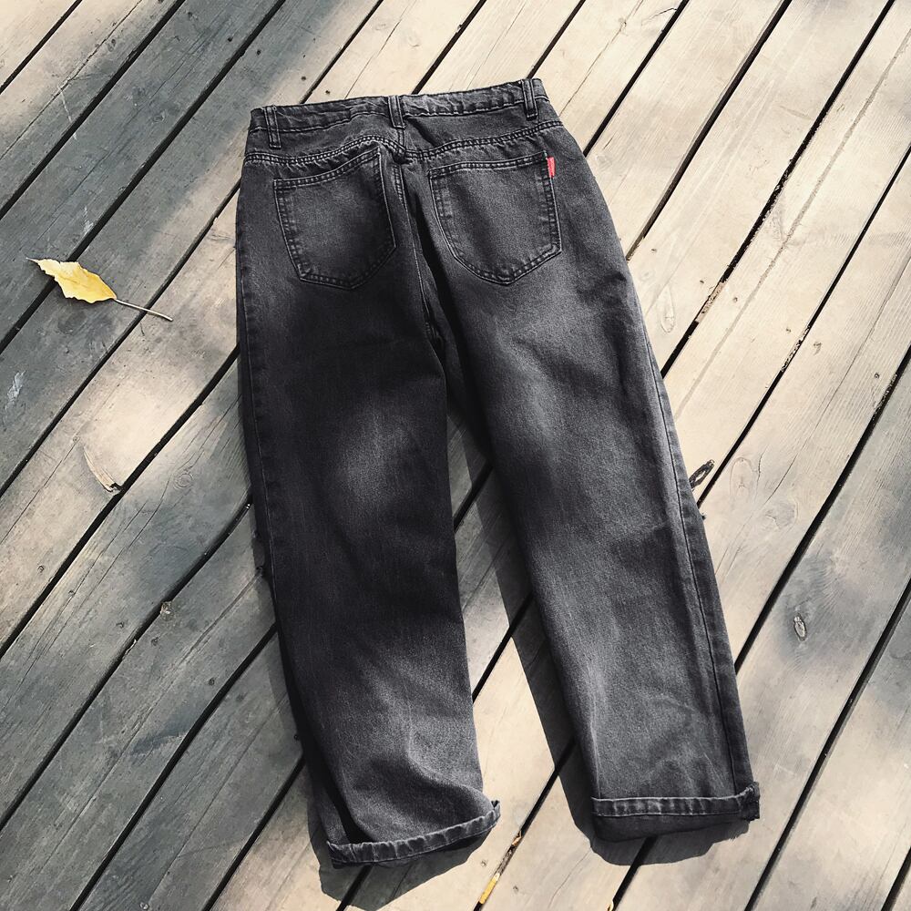 全2色 デニム パンツ ストレート カジュアル ダメージ 無地