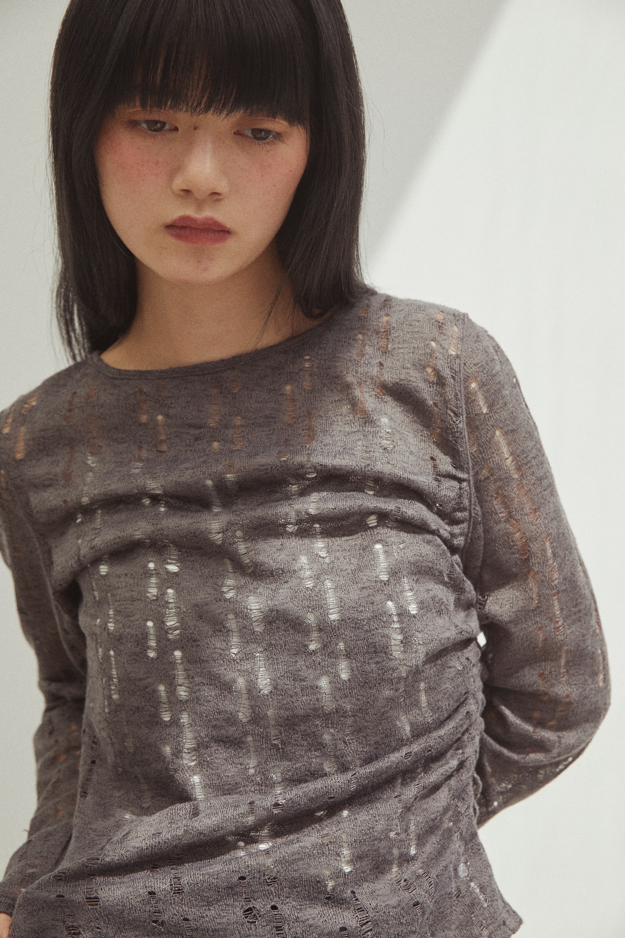 DU250726 Gather Knit Like Jacquard Tops