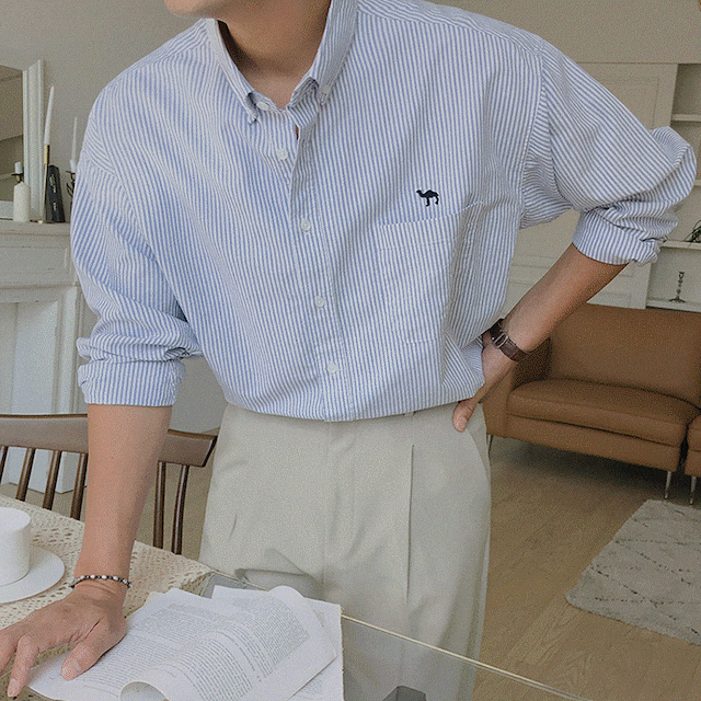 胸元ロゴ ストライプ シャツ トップス 長袖 メンズファッション 韓国 ブルー グリーン