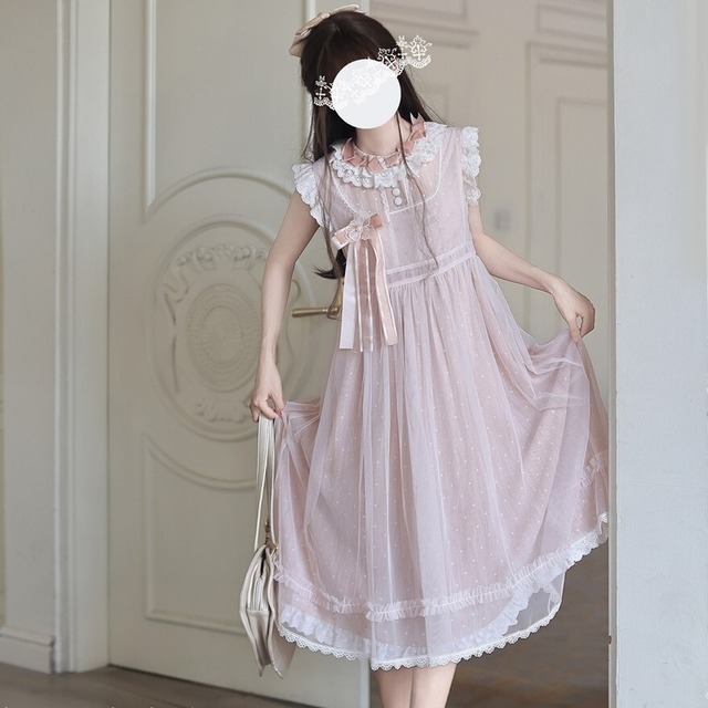 薄桃色に降る朝露 ドット柄シアーフリル付きクラロリ系ロングオーバースカート