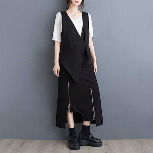 涼しく楽ちんセットアップ 大きいサイズスカート夏服レディース韓国ファッション 上下二点セ ットアップ ベストトップス暗いジッパーのイレギュラースカート