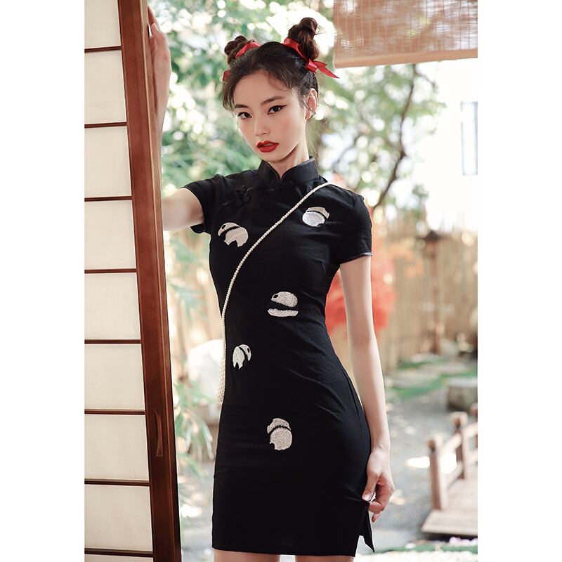 Xiumeiシリーズ チャイナドレス パンダ 刺繍 2color ワンピース 中華服 ショート丈 ブラック 黒い イエロー Elegant